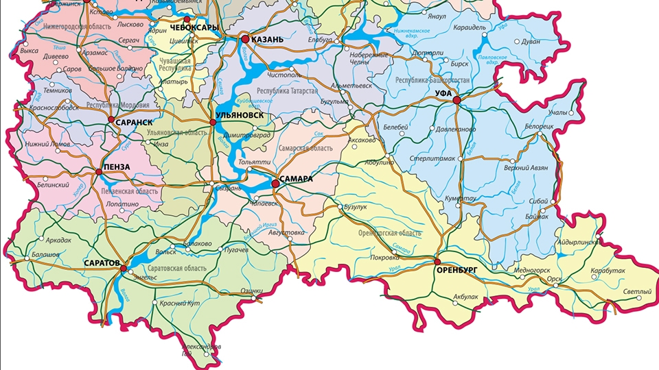 Карта поволжья россии с областями и городами дорогами